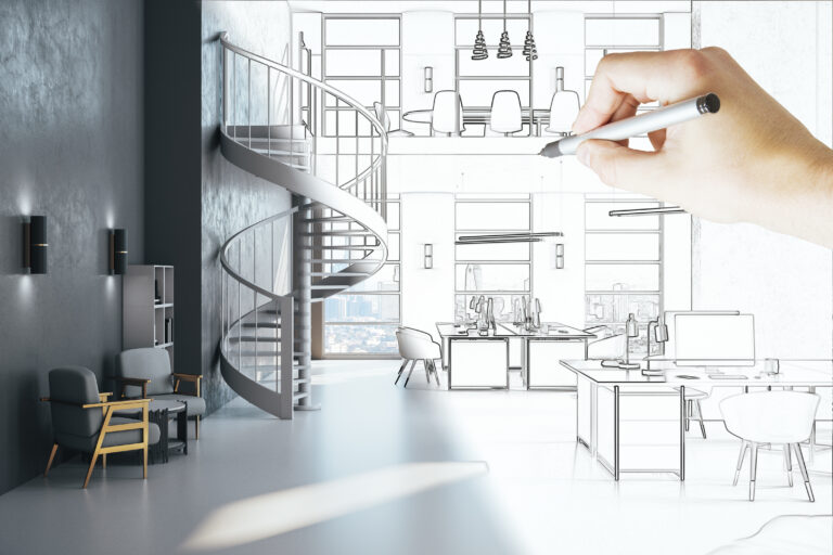 Modern interior with a spiral staircase and lounge on the left, while a hand sketches an architectural plan on the right.