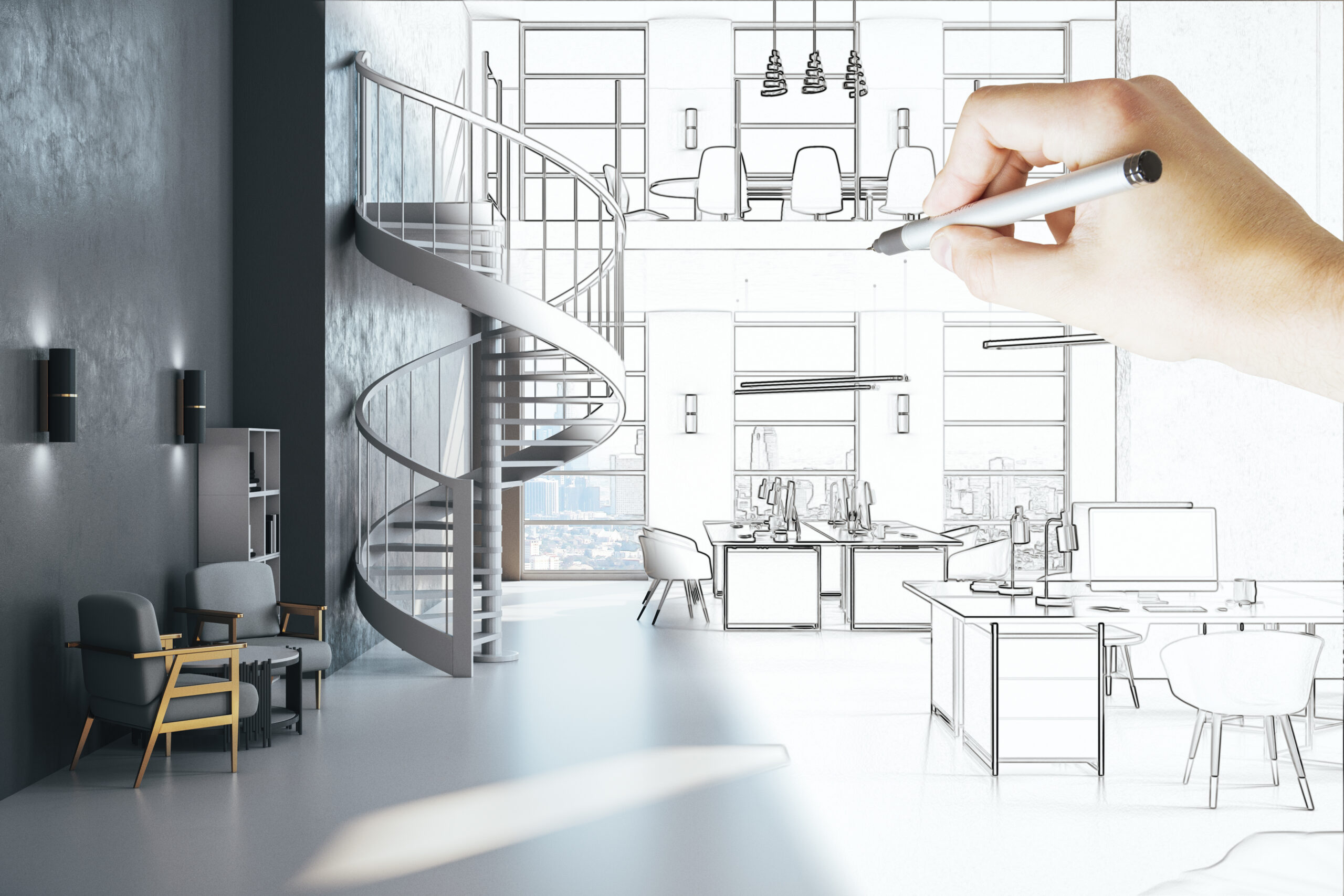 Modern interior with a spiral staircase and lounge on the left, while a hand sketches an architectural plan on the right.